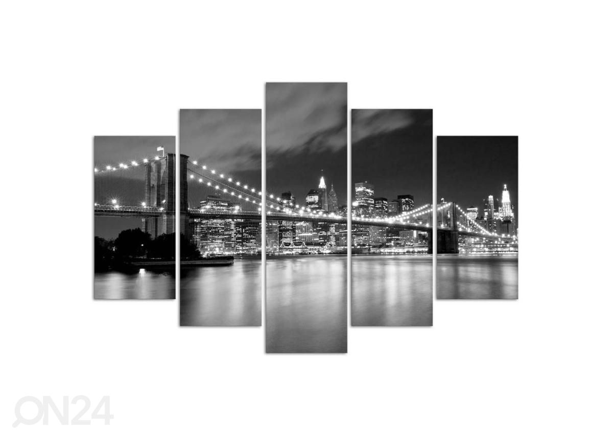 5-osainen sisustustaulu Brooklyn Bridge at night black and white 100x70 cm kuvasuurennos