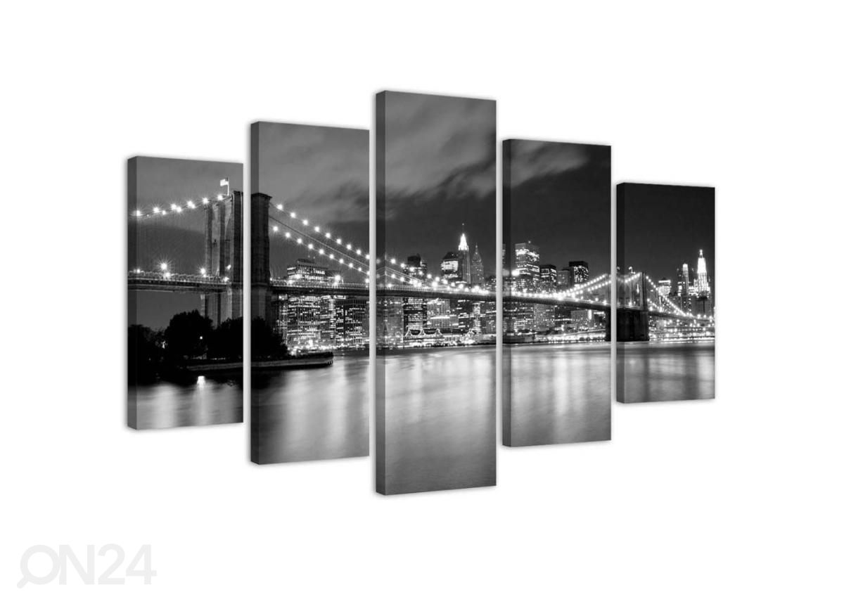 5-osainen sisustustaulu Brooklyn Bridge at night black and white 150x100 cm kuvasuurennos