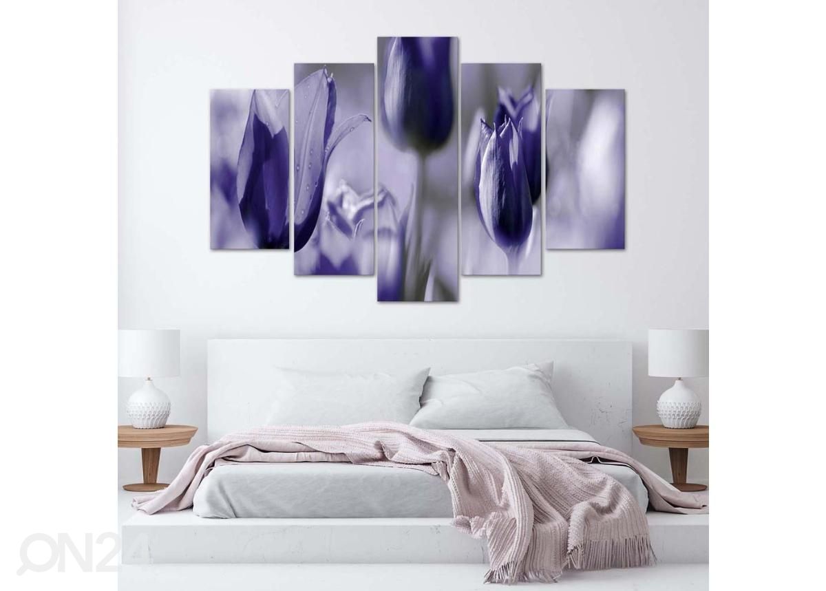 5-osainen sisustustaulu Purple Tulips in the Meadow 100x70 cm kuvasuurennos