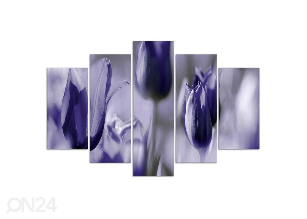 5-osainen sisustustaulu Purple Tulips in the Meadow 100x70 cm kuvasuurennos
