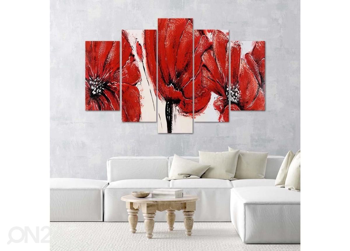 5-osainen sisustustaulu Red Flowers 100x70 cm kuvasuurennos
