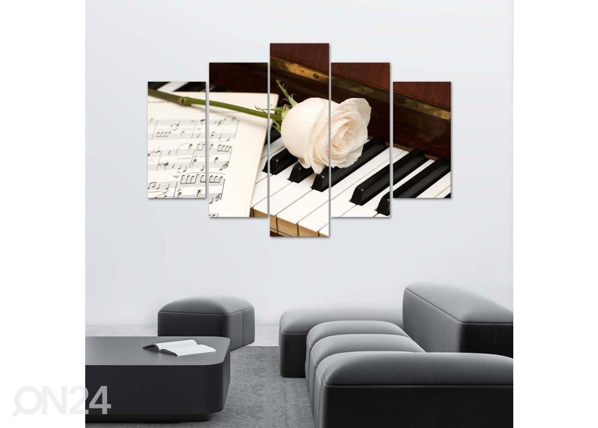 5-osainen sisustustaulu Rose on Piano 150x100 cm kuvasuurennos