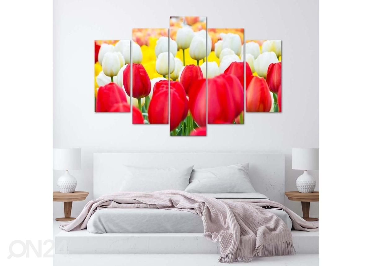 5-osainen sisustustaulu White and Red Tulips 100x70 cm kuvasuurennos