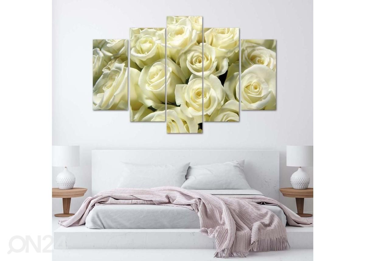 5-osainen sisustustaulu White Roses 100x70 cm kuvasuurennos