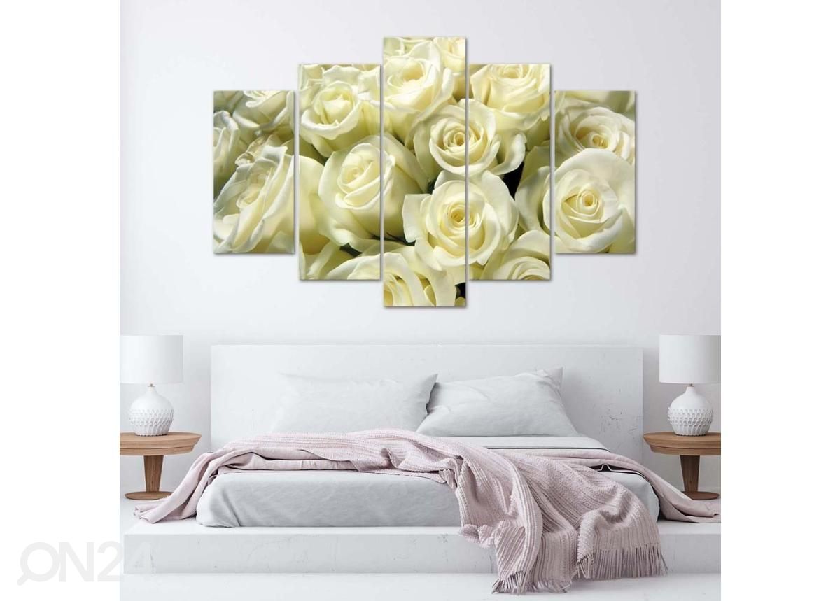 5-osainen sisustustaulu White Roses 150x100 cm kuvasuurennos