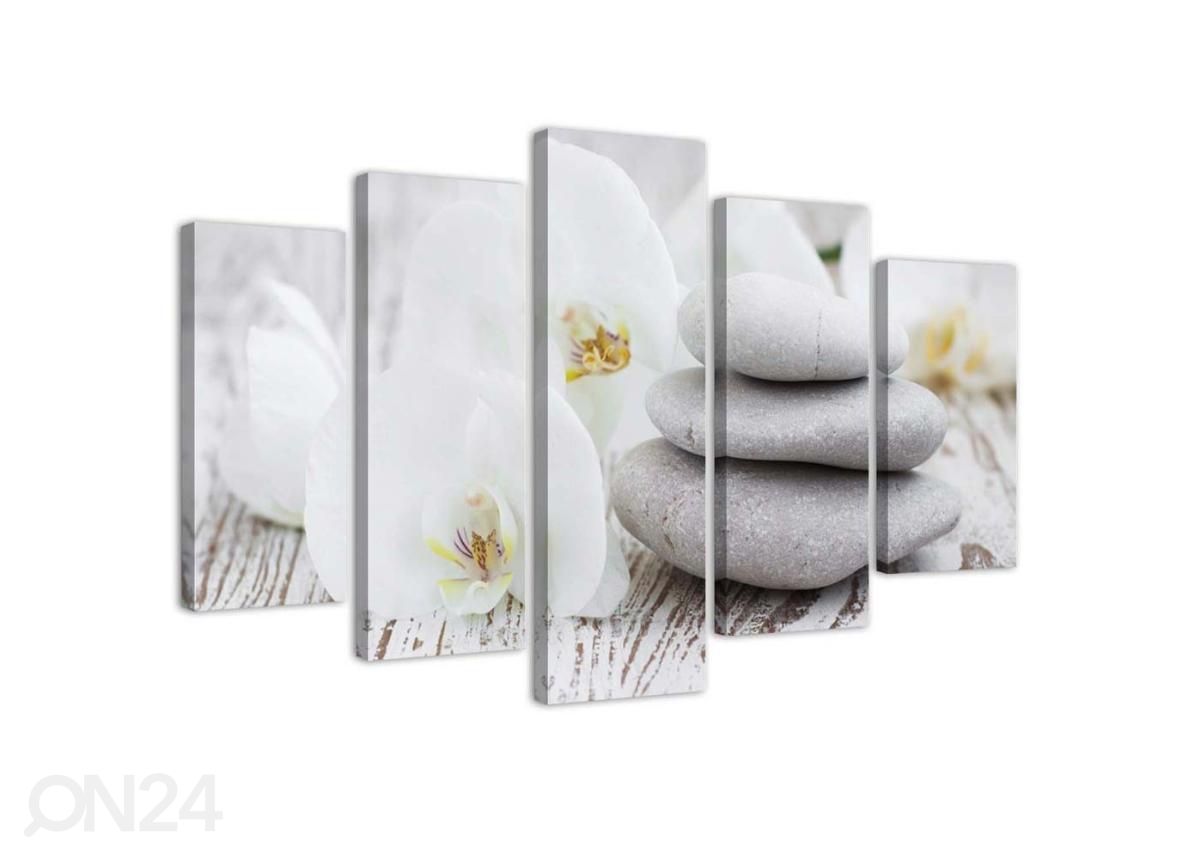 5-osainen sisustustaulu White zen orchid and stones 100x70 cm kuvasuurennos