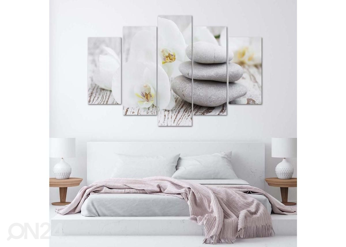 5-osainen sisustustaulu White zen orchid and stones 150x100 cm kuvasuurennos