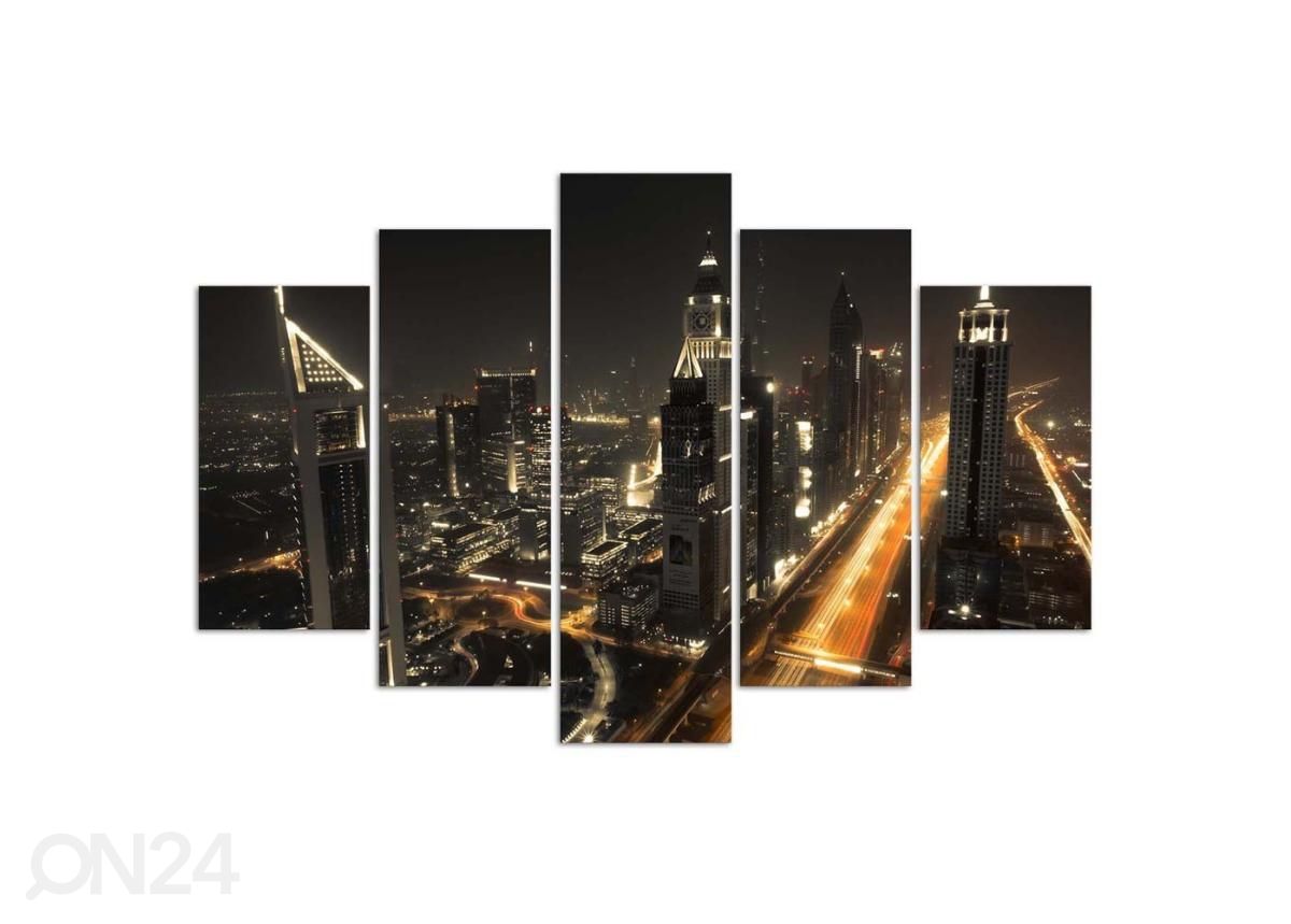 5-osainen taulu Dubai Panorama at Night 100x70 cm kuvasuurennos