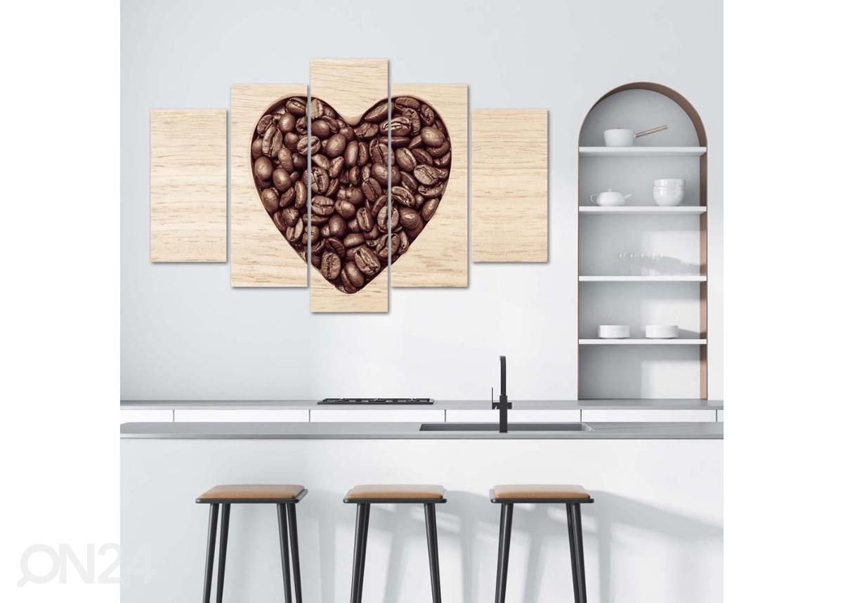 5-osainen taulu Heart of Coffee Beans 150x100 cm kuvasuurennos