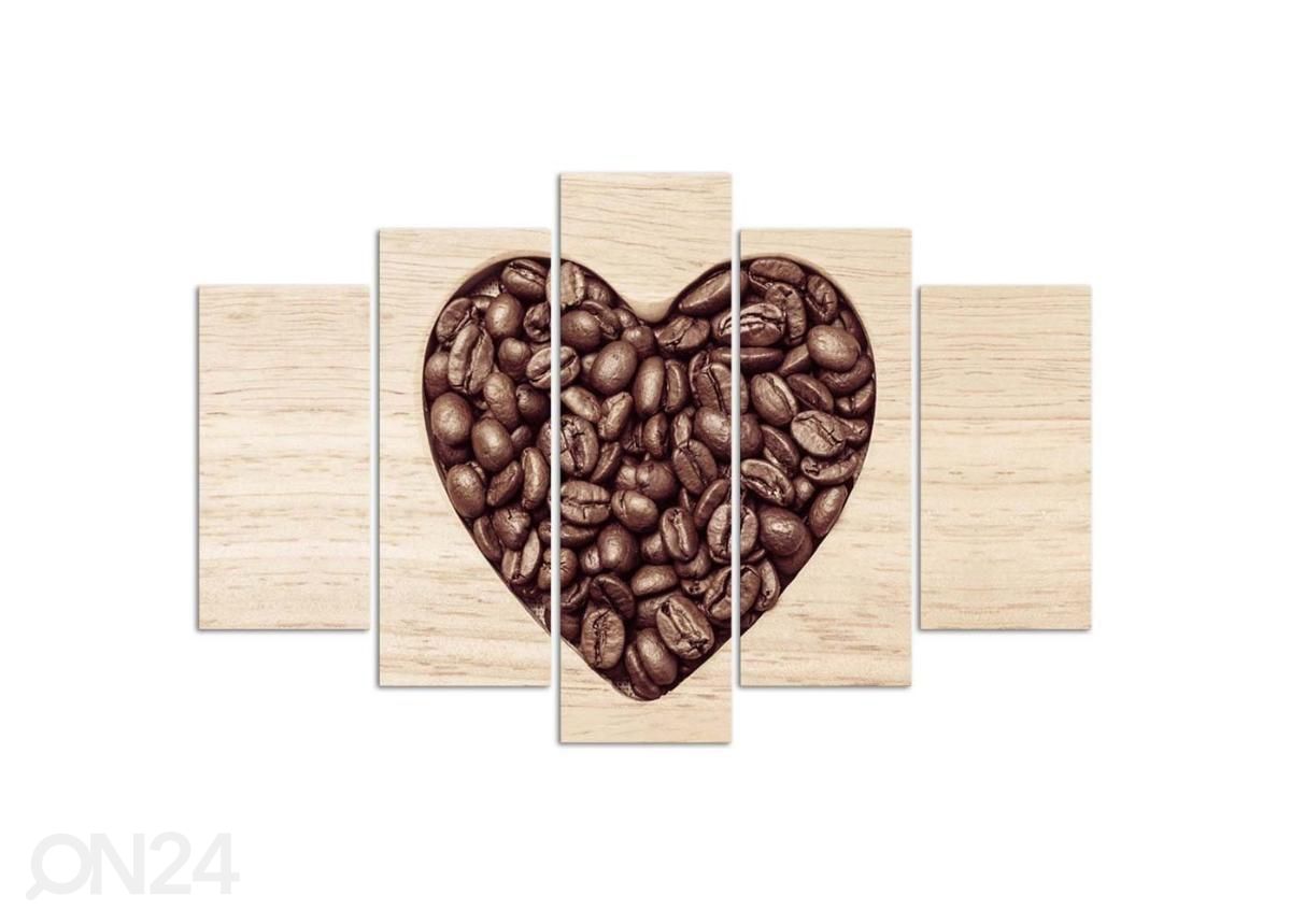 5-osainen taulu Heart of Coffee Beans 150x100 cm kuvasuurennos