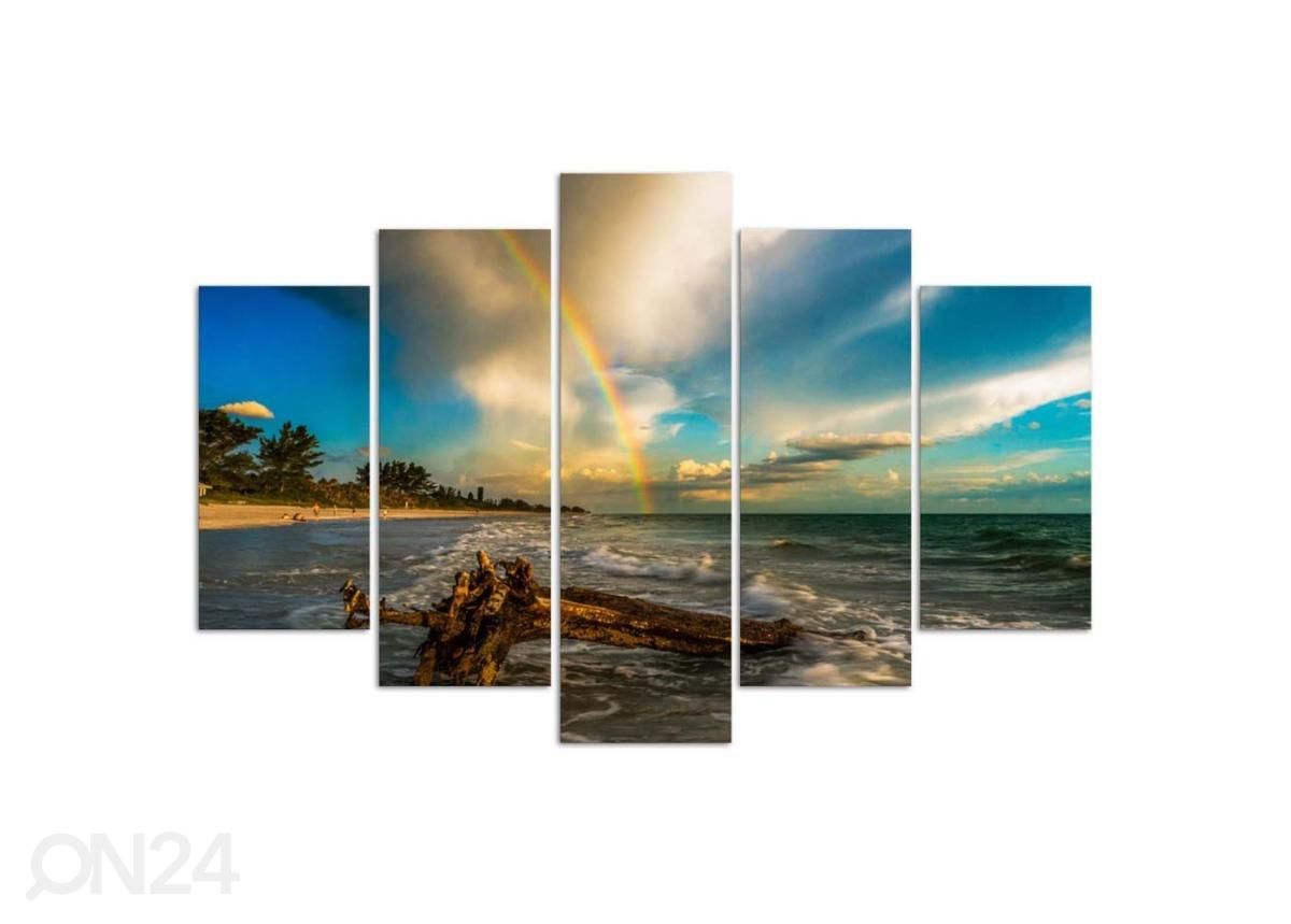 5-osainen taulu Rainbow over the Beach 150x100 cm kuvasuurennos