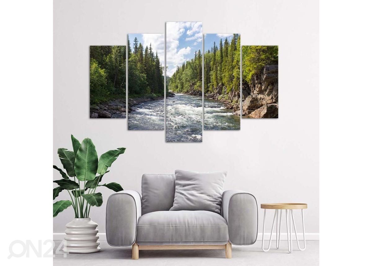 5-osainen taulu Vinyl river in the forest 100x70 cm kuvasuurennos