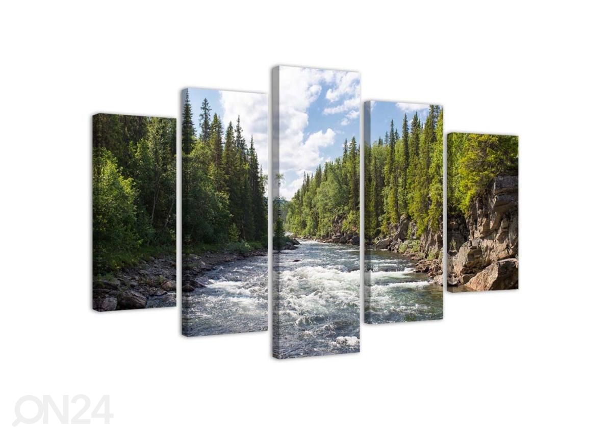 5-osainen taulu Vinyl river in the forest 100x70 cm kuvasuurennos