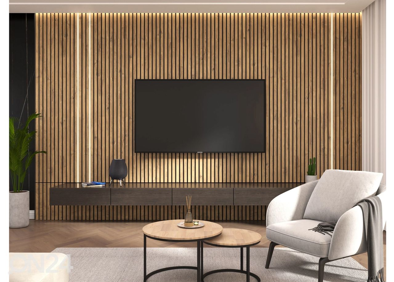 Massiivipuusta valmistettu akustinen seinäpaneeli 240x60 cm kuvasuurennos