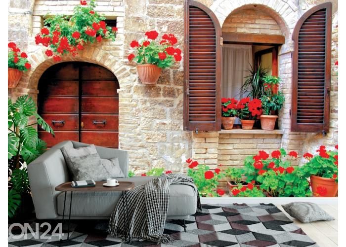 Non-woven kuvatapetti Italian House with Colorful Potted Flowers 368x254 cm kuvasuurennos