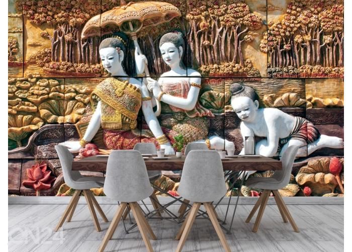 Non-woven kuvatapetti Thai Stone Carving on Temple Wall 368x254 cm kuvasuurennos