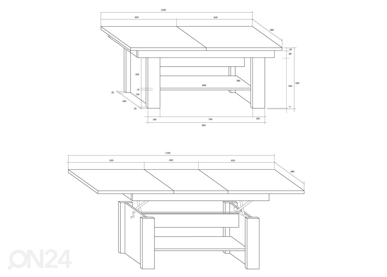 Säädettävä sohvapöytä 125/170x68 cm kuvasuurennos