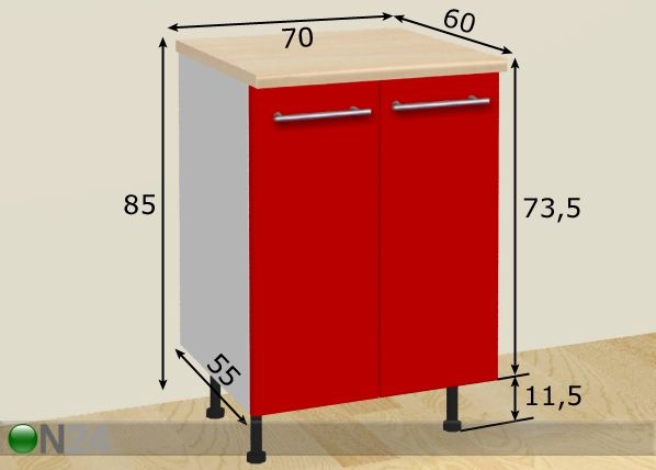 2-ovinen keittiökaappi 70 cm mitat