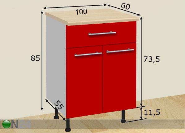 2-ovinen keittiön alakaappi laatikolla 100 cm mitat
