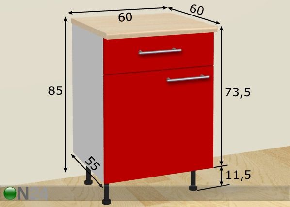 2-ovinen keittiön alakaappi laatikolla 60 cm mitat