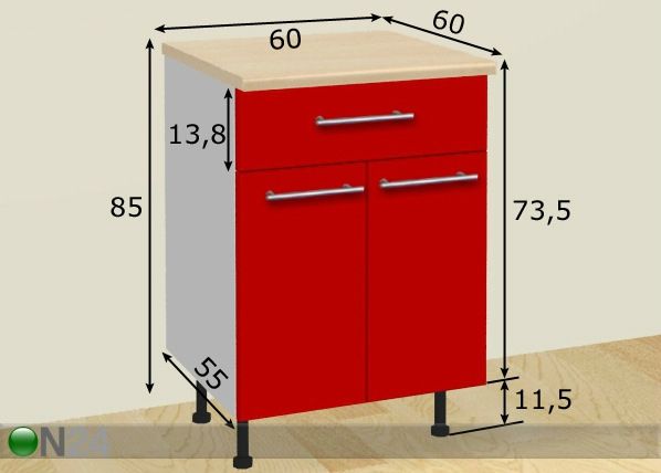 2-ovinen keittiön alakaappi laatikolla 60 cm mitat