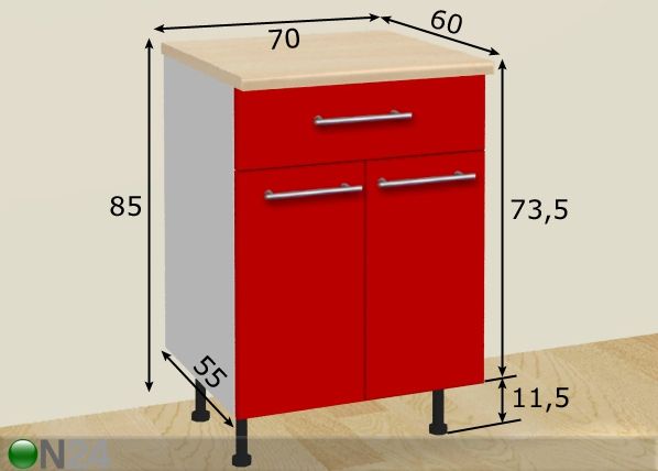 2-ovinen keittiön alakaappi laatikolla 70 cm mitat