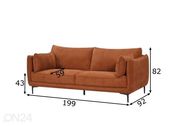 3-istuttava sohva Gloria mitat