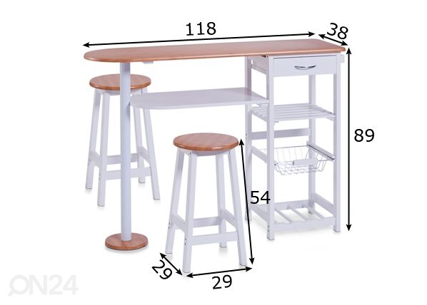 Baaritiski hyllystöllä ja 2 jakkaraa mitat