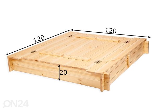 Hiekkalaatikko kannella ja istuimilla 120x120 cm mitat