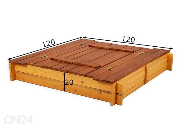 Hiekkalaatikko kannella ja istuimilla 120x120 cm mitat