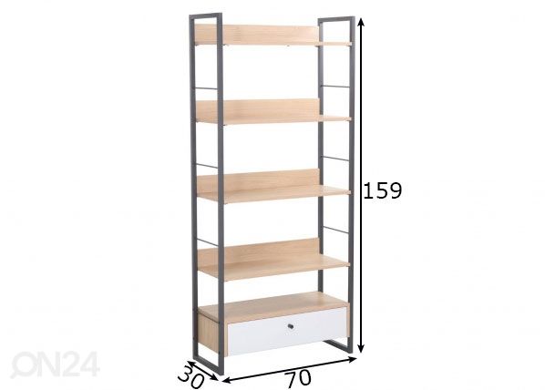 Hylly Study 70x30xH159 cm, tammi/ valkoinen mitat