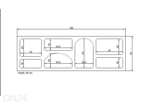 Hyllykkö Caria 160 cm mitat