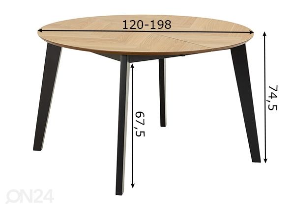 Jatkettava ruokapöytä Ø120/198 cm mitat