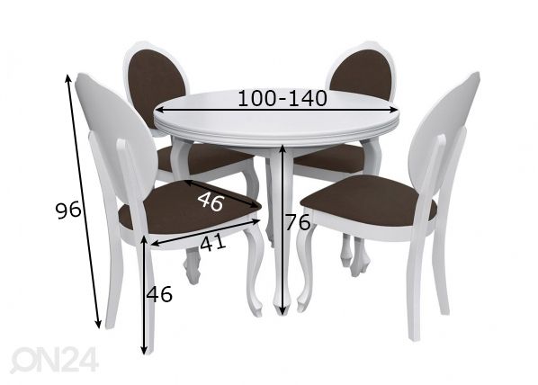 Jatkettava ruokapöytä 100x100-140 cm + 4 tuolia mitat