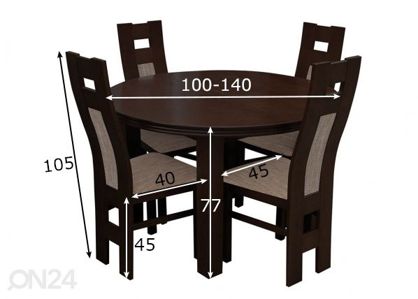 Jatkettava ruokapöytä 100x100-140 cm + 4 tuolia mitat