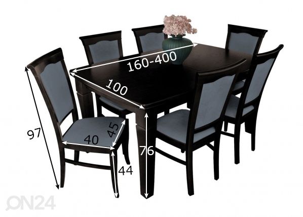 Jatkettava ruokapöytä 100x160-400 cm + 6 tuolia mitat