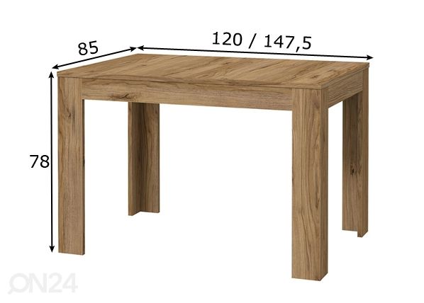 Jatkettava ruokapöytä 120/147,5x85 cm mitat