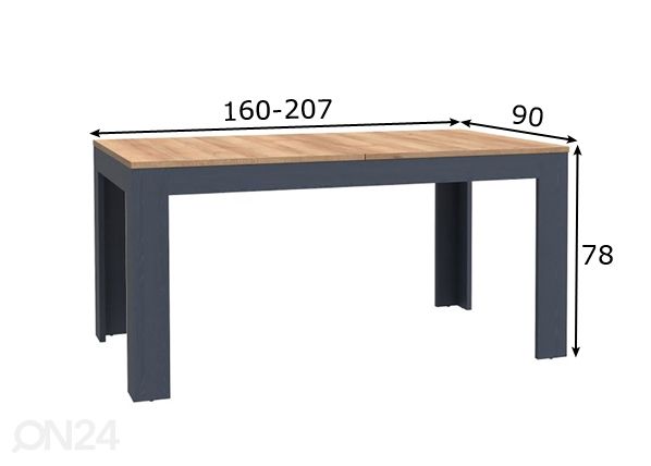 Jatkettava ruokapöytä 160/207x90 cm mitat