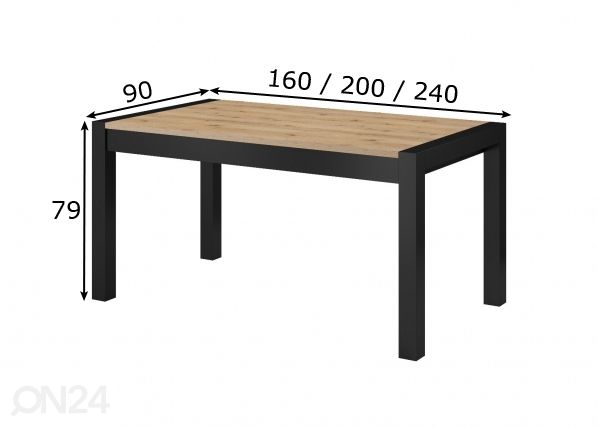 Jatkettava ruokapöytä 160-240x90 cm mitat