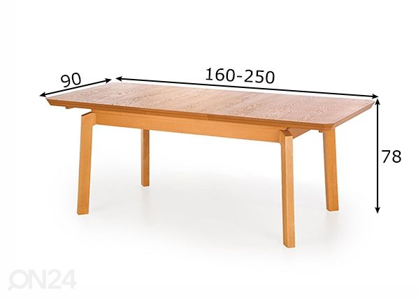 Jatkettava ruokapöytä 160-250x90 cm mitat