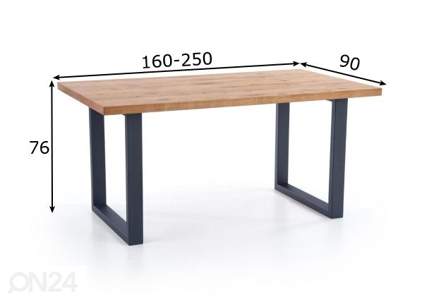 Jatkettava ruokapöytä 160/250x90 cm mitat
