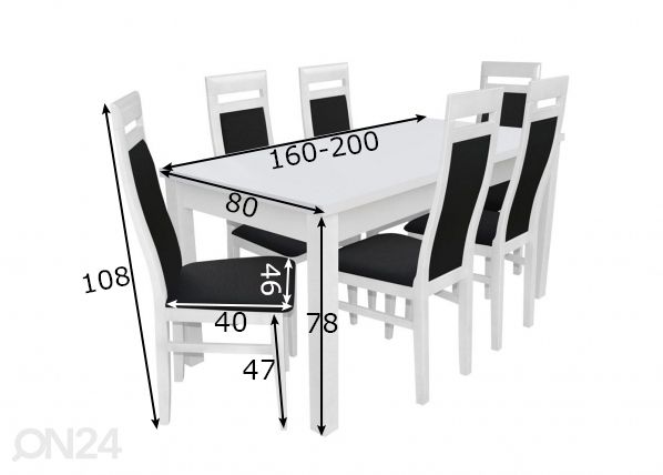 Jatkettava ruokapöytä 80x160-200 cm + 6 tuolia mitat