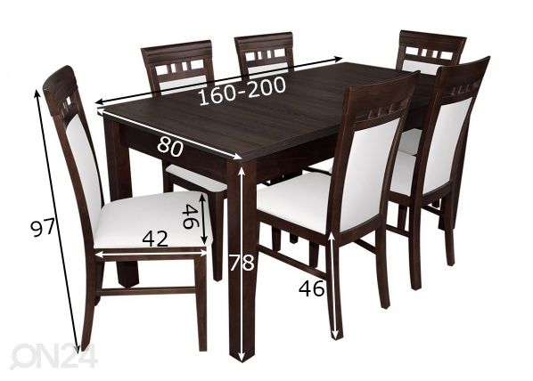 Jatkettava ruokapöytä 80x160-200 cm + 6 tuolia mitat