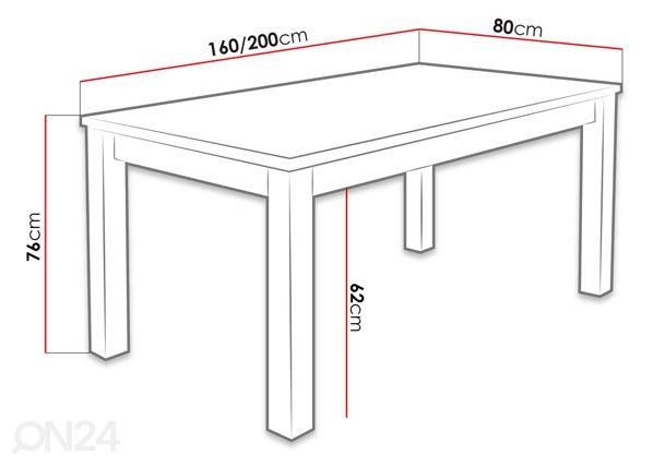 Jatkettava ruokapöytä 80x160-200 cm + 6 tuolia mitat