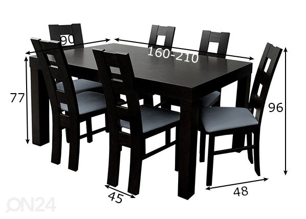 Jatkettava ruokapöytä 90x160-210 cm + 6 tuolia mitat