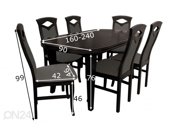 Jatkettava ruokapöytä 90x160-240 cm + 6 tuolia mitat