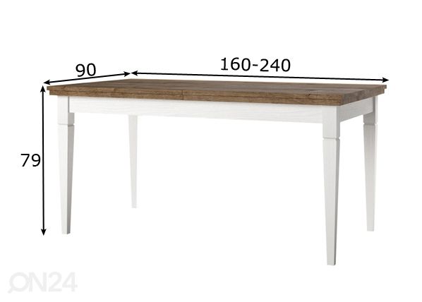 Jatkettava ruokapöytä 90x160-240 cm, valkoinen mitat