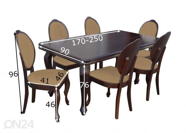 Jatkettava ruokapöytä 90x170-250 cm + 6 tuolia mitat