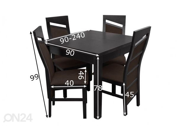Jatkettava ruokapöytä 90x90-240 cm + 4 tuolia mitat