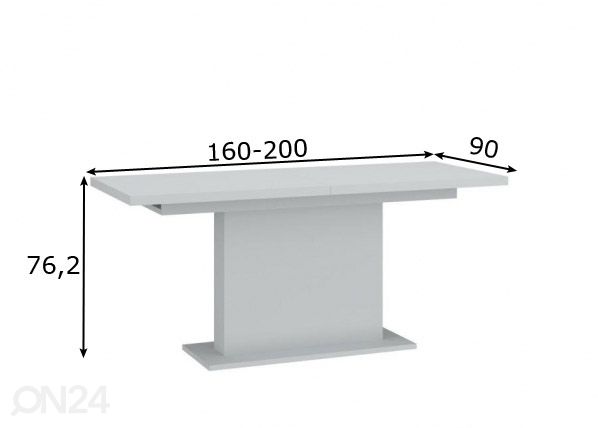 Jatkettava ruokapöytä Alverno 160-200x90 cm, vaaleanharmaa mitat